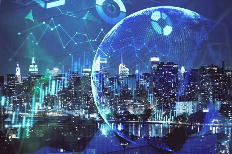 City skyline overlaid with digital graphs.